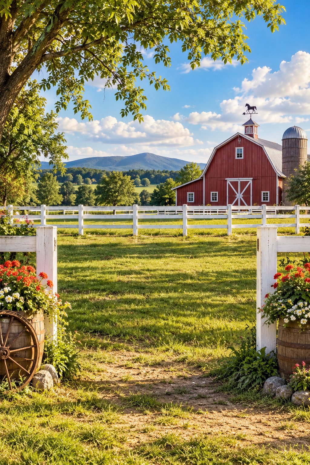 Horse Farm scene with a red barn, white fence, and flower-lined foreground
