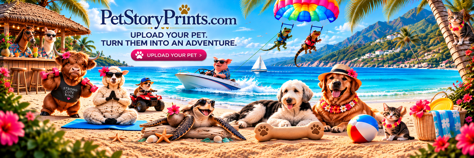 PetStoryPrints.com — Upload your pet. Turn them into an adventure. Pets enjoying a tropical beach.