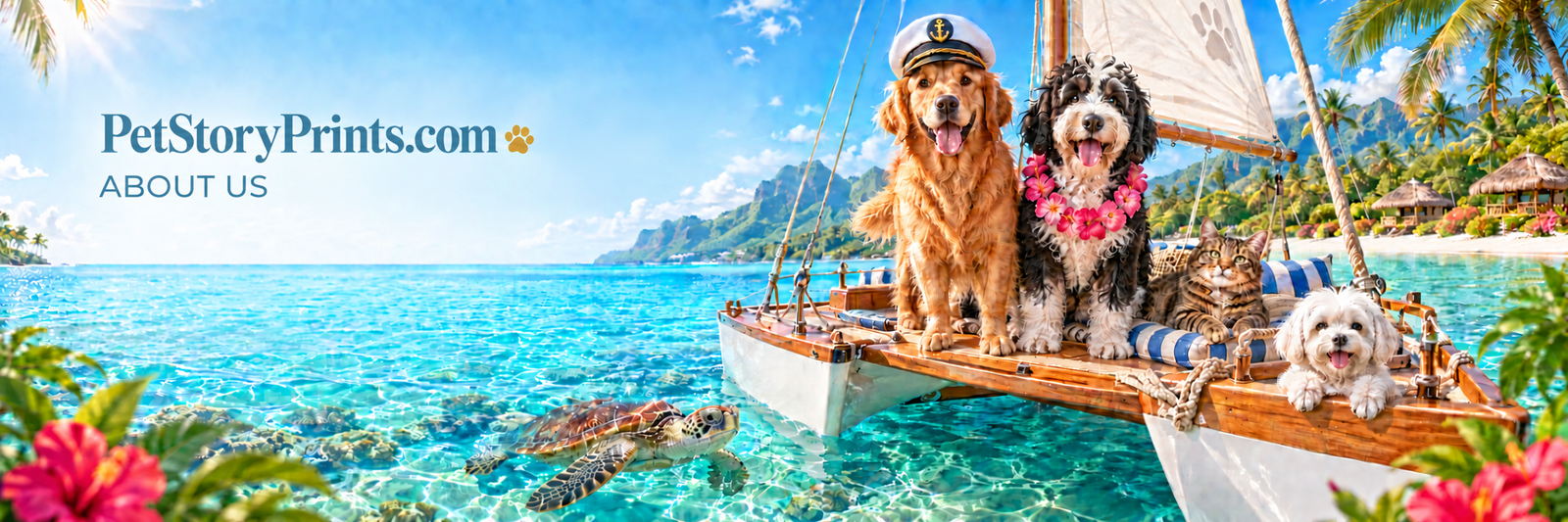 PetStoryPrints.com — About Us. Dogs and a cat sailing on a tropical lagoon with a sea turtle.