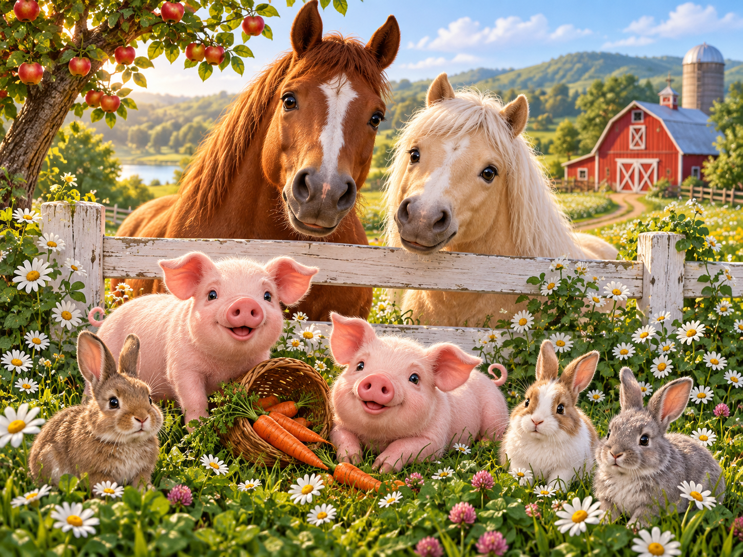 Horses, pigs and rabbits together on a sunny farm with a red barn and flowers