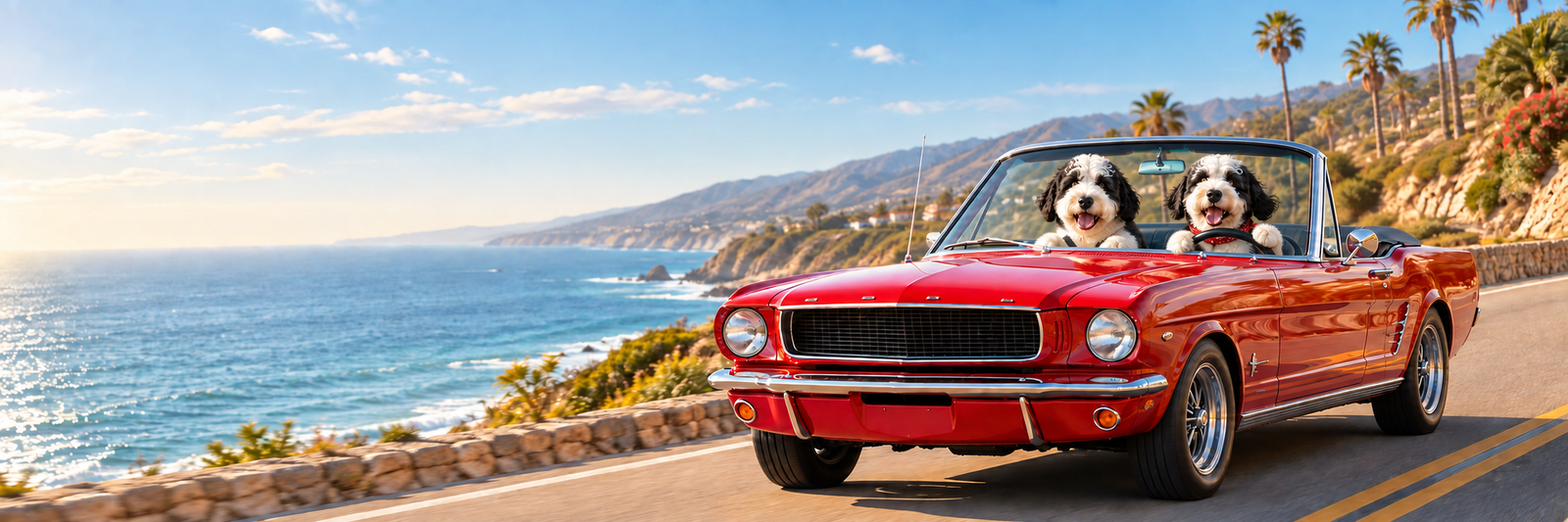 Two fluffy Sheepadoodles driving a red convertible along the coast